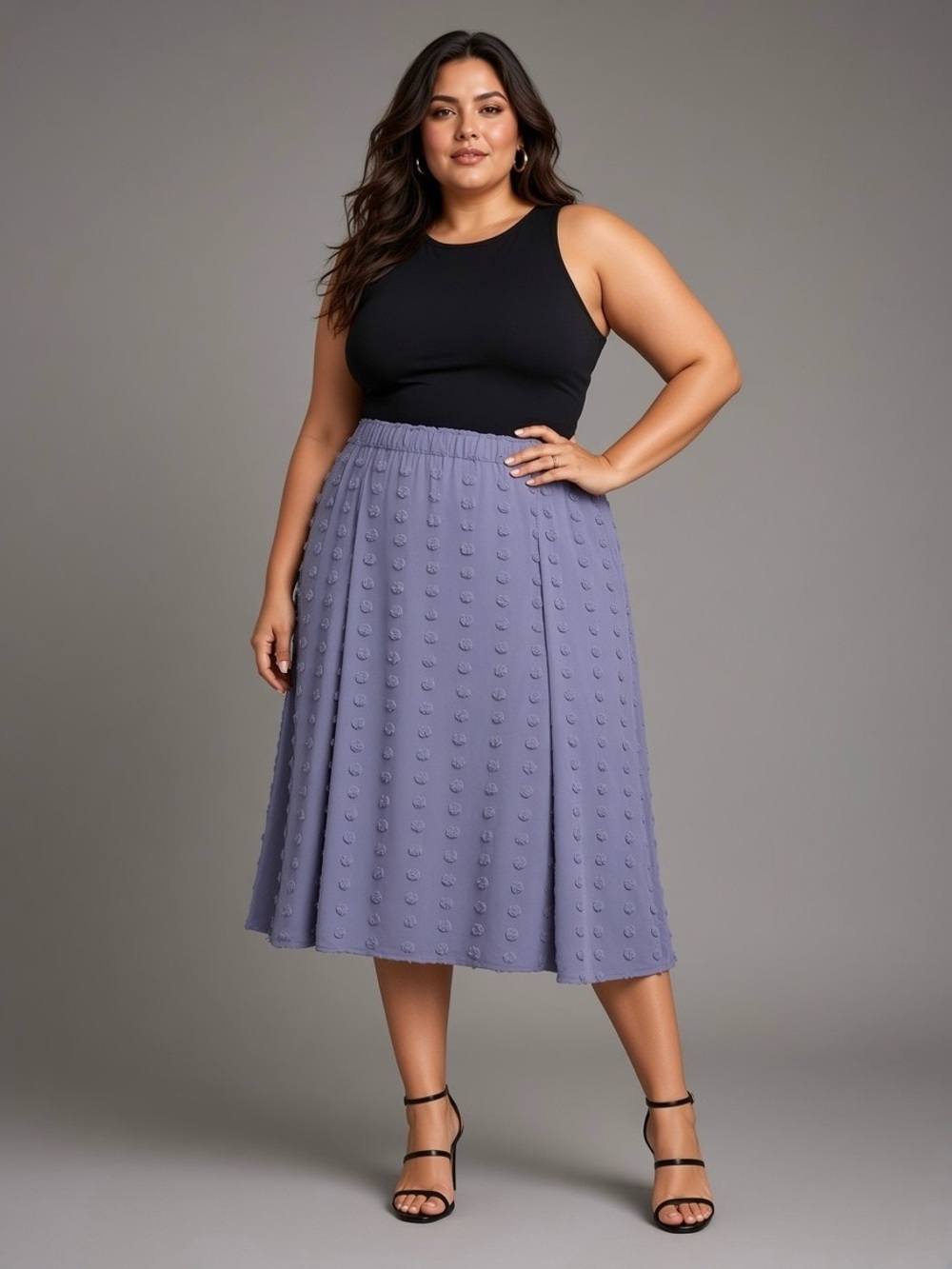 Chic Soul Textured Swiss Dot Pom Pom Chiffon Midi Skirt Size 3X Dusty Blue